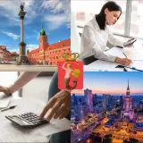 Warszawa: Zamek Królewski, Syrenka, praca z kalkulatorem i widok na miasto nocą.