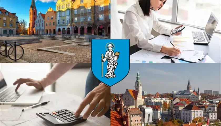 Kolaż: Stare Miasto w Olsztynie, herb miasta, kobiety pracujące z kalkulatorem i laptopem, panorama Olsztyna.