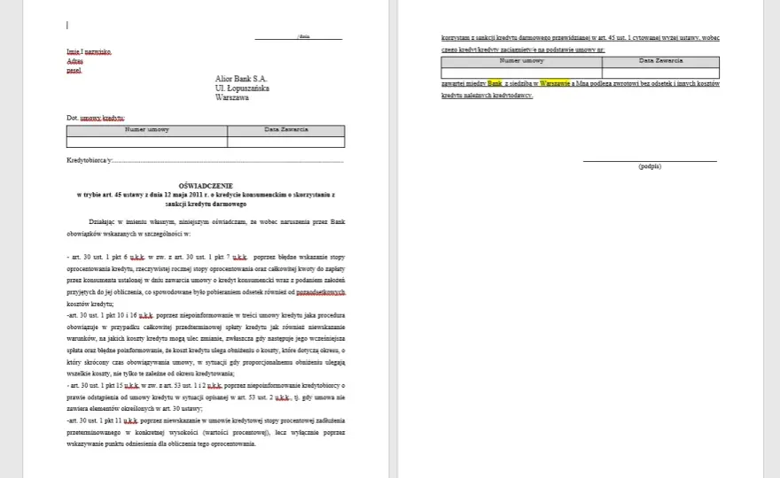 Sankcja kredytu darmowego - gotowy wzór oświadczenia do pobrania